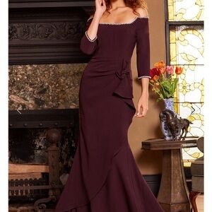Jovani 23190 Plum Fitted Three Quarter Sleeve Evening Gown